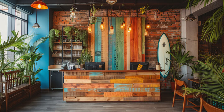 Reception desk of a boho style hostel at the sea near the bech, desk made from different wood plank brick wall tropical room plants surf board edison bulb interior