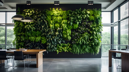 Harmony at Work: Business Workspaces Encircled by Expansive Windows and a Tranquil Vertical Garden