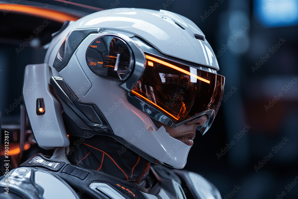 Poster surreal modern cyborg with a cyberpunk helmet on a futuristic background made with generative ai