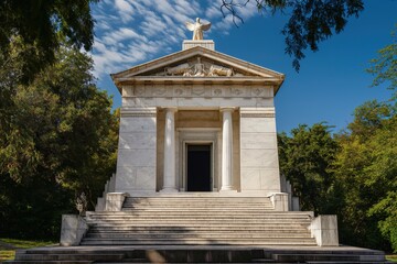 A captivating white monument featuring an awe-inspiring statue, evoking an air of mystery and grandeur.