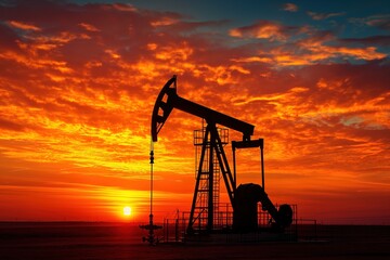 An awe-inspiring photo capturing the striking outline of an oil pump against the vibrant hues of a...