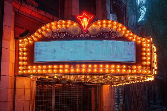 The theater marquee comes alive with a dazzling display of vibrant lights, casting an enchanting glow on the surrounding night scene.