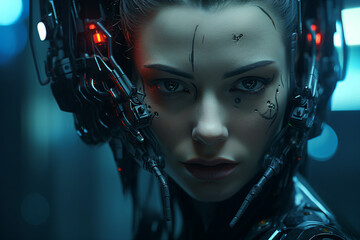 Futuristic humanoid woman robot cyberpunk night city neon lights created by generative AI