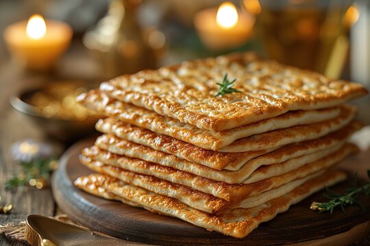 Sstacked assortment of crispy Pesch , jewish, placed on top of a rustic wooden plate.