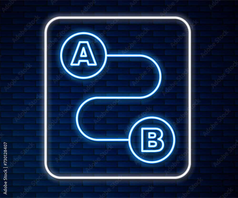 Poster glowing neon line route location icon isolated on brick wall background. map pointer sign. concept o