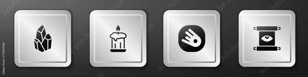 Poster set magic stone, burning candle, comet falling down fast and ancient magic scroll icon. silver squar