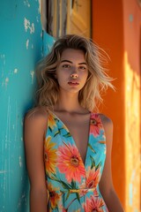 Fototapeta premium a girl in a flower print dress leaning against a wall