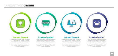 Set Shield, Censored stamp, Gender equality and Graduation cap. Business infographic template. Vector