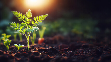 Young Plant Carrot, Growing plant, dewdrop. Horizontal. Background with copy space. Banner - obrazy, fototapety, plakaty