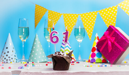 Date of birth for woman or girl with birthday box. Pie with number of candles  61. Anniversary...