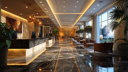 Modern Hotel Reception Interior Design 3D Rendering with Business Lounge and Stylish Decor