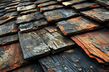 Closeup View of Weathered Roof Shingles - Architecture Background in Brown and Grey Tones