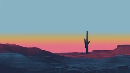 Streamlined illustration of a solitary cactus silhouette set before the multicolored strata of the Painted Desert at dusk. - obrazy, fototapety, plakaty