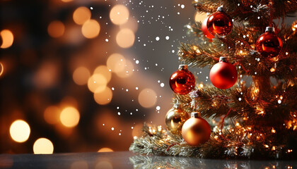 Obraz na płótnie Canvas Shiny Christmas tree glows with gold ornaments, illuminating winter night generated by AI