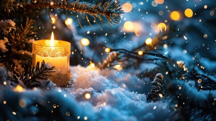 Winter Candlelight: Festive Christmas Candle with Snow and Copy Space