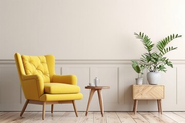 Modern Living Room Interior Design with Yellow Armchair on Cream Wall Background