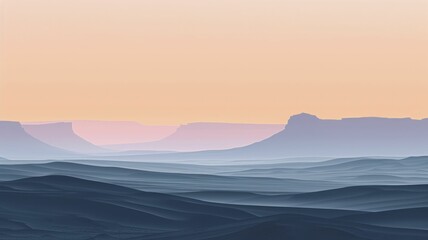 Simplified sunrise scene over the Painted Desert, rendered in soft pastels and straightforward silhouettes of mesas.