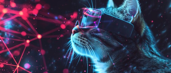 Cat Immersed in virtual data space. Cat in VR goggles, digital world