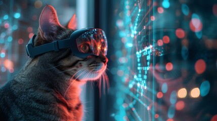 Cat Immersed in virtual data space. Cat in VR goggles, digital world