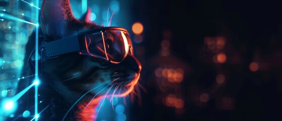 Cat Immersed in virtual data space. Cat in VR goggles, digital world