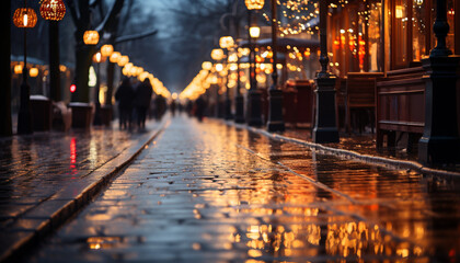 Fototapeta na wymiar Illuminated city streets reflect the wet winter night celebration generated by AI