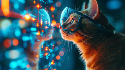 Cat Immersed in virtual data space. Cat in VR goggles, digital world