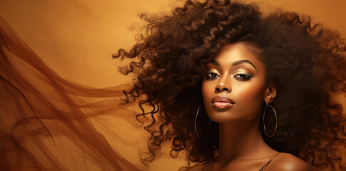 Close up of beautiful afro american woman with make up with curly hair. Beauty make up or skincare concept banner, brown gold background