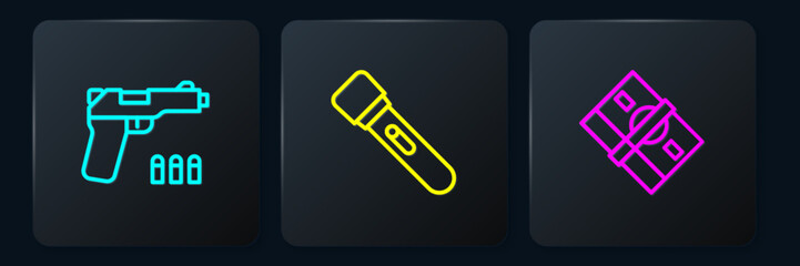 Set line Pistol or gun, Stacks paper money cash and Flashlight. Black square button. Vector