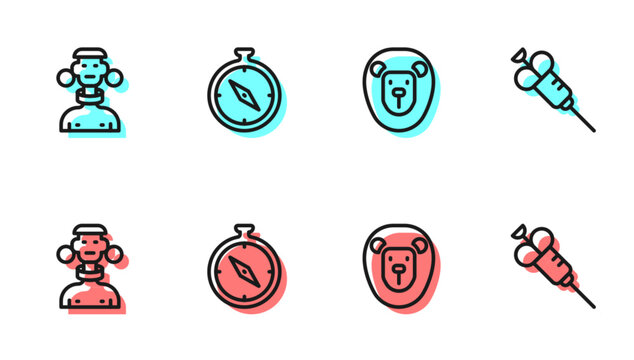 Set line Wild lion, African tribe male, Compass and Syringe icon. Vector
