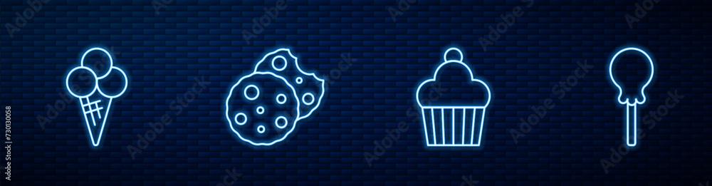 Poster Set line Cake, Ice cream in waffle cone, Cookie or biscuit and Lollipop. Glowing neon icon on brick wall. Vector