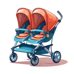 Baby stroller pram for twins vector illustration. Cartoon carriage for newborn child, transportation for toddler kids