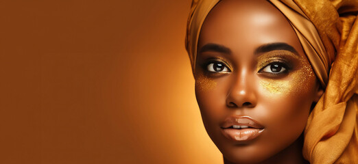Close up of beautiful afro american woman with make up in yellow turban. Beauty make up or skincare concept banner