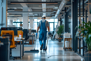 Professional Cleaner with Mop in Office - Powered by Adobe
