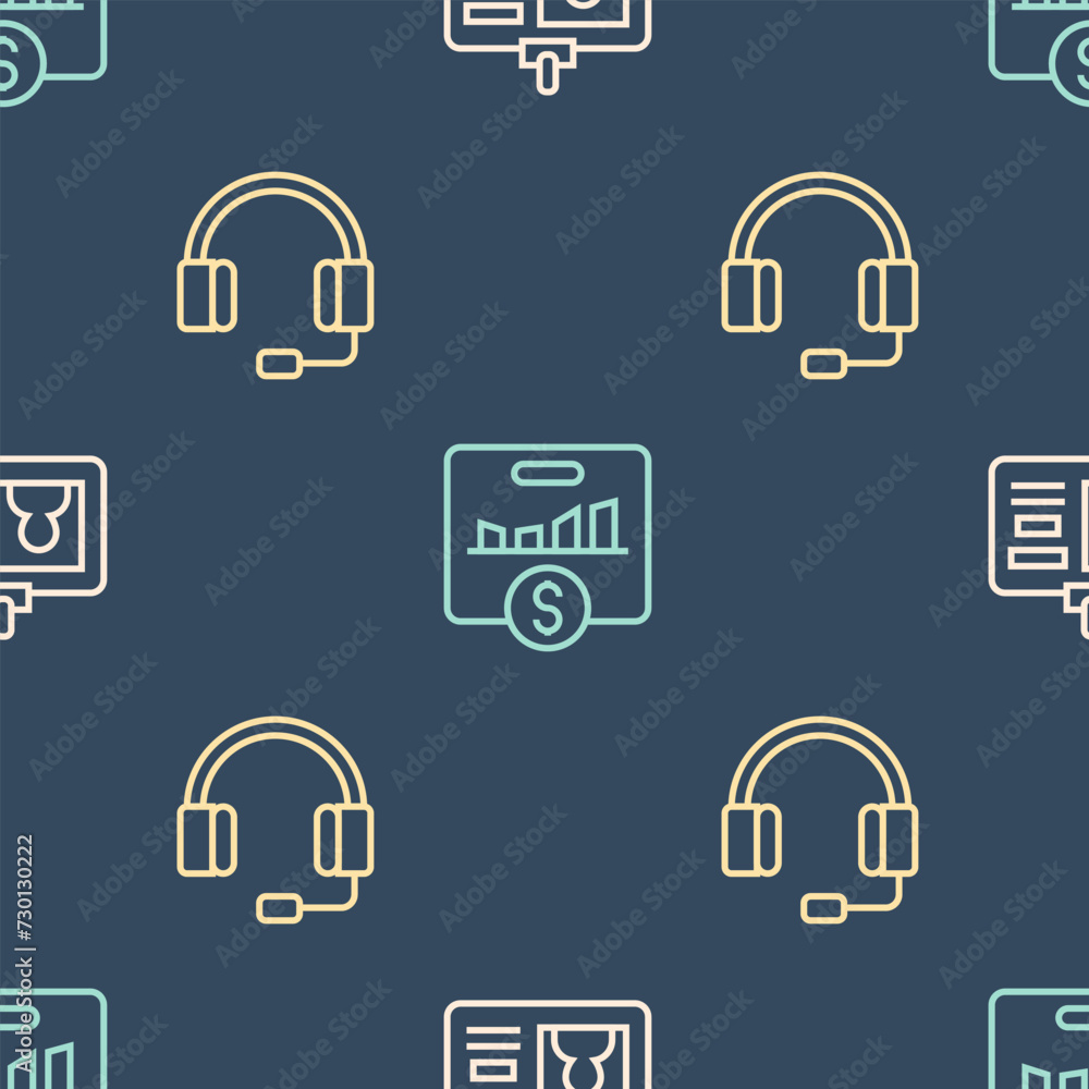 Poster set line identification badge, headphones and key performance indicator on seamless pattern. vector