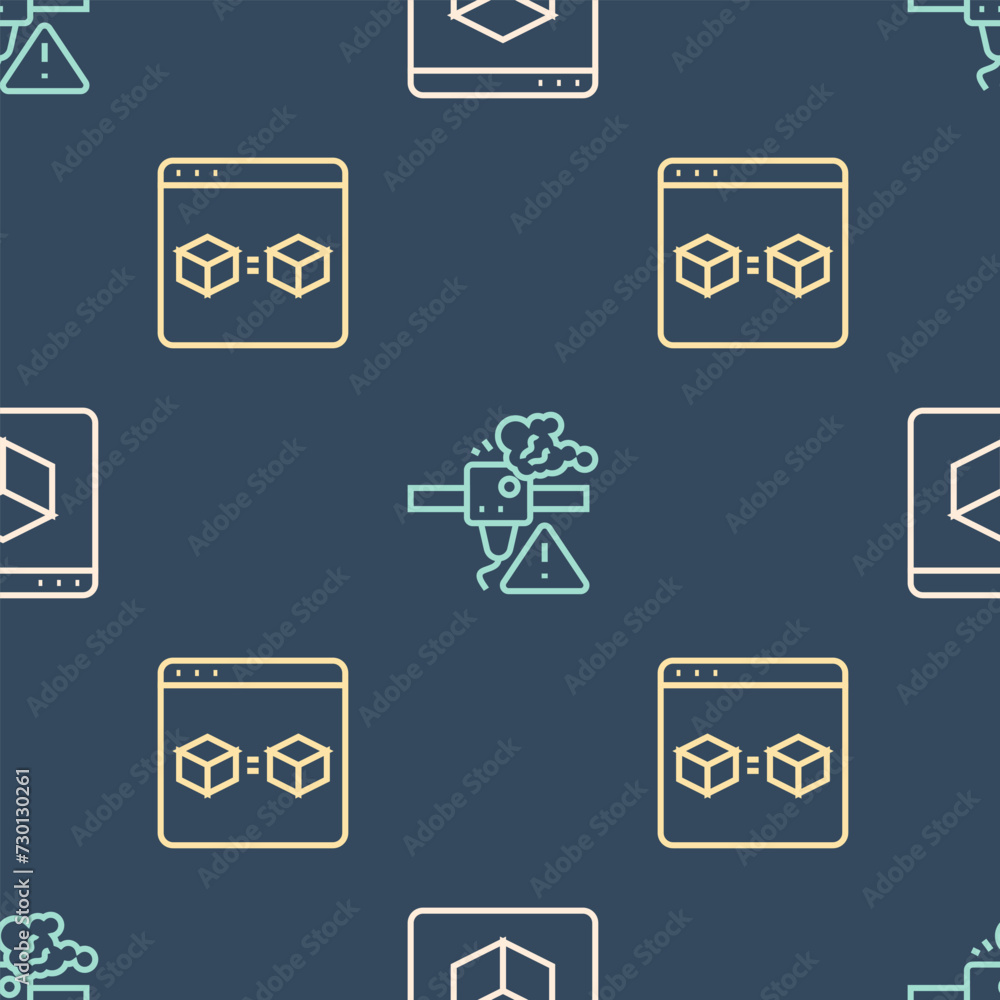 Poster set line 3d printer, perfect copy and warning on seamless pattern. vector
