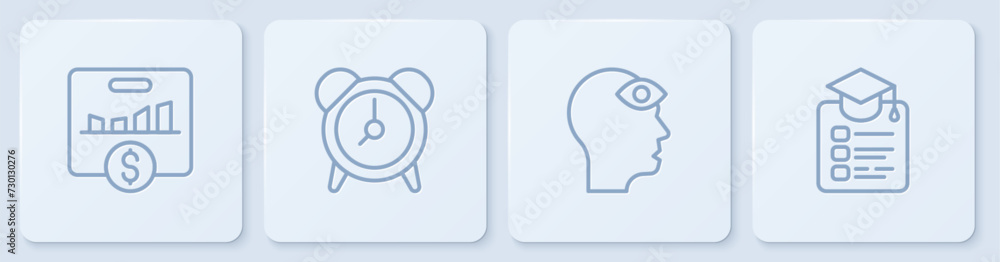 Poster set line key performance indicator, man with third eye, alarm clock and online education. white squa