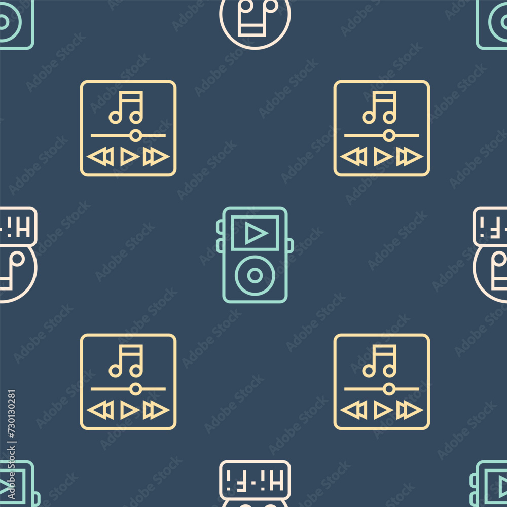 Poster set line music note, tone, player and on seamless pattern. vector