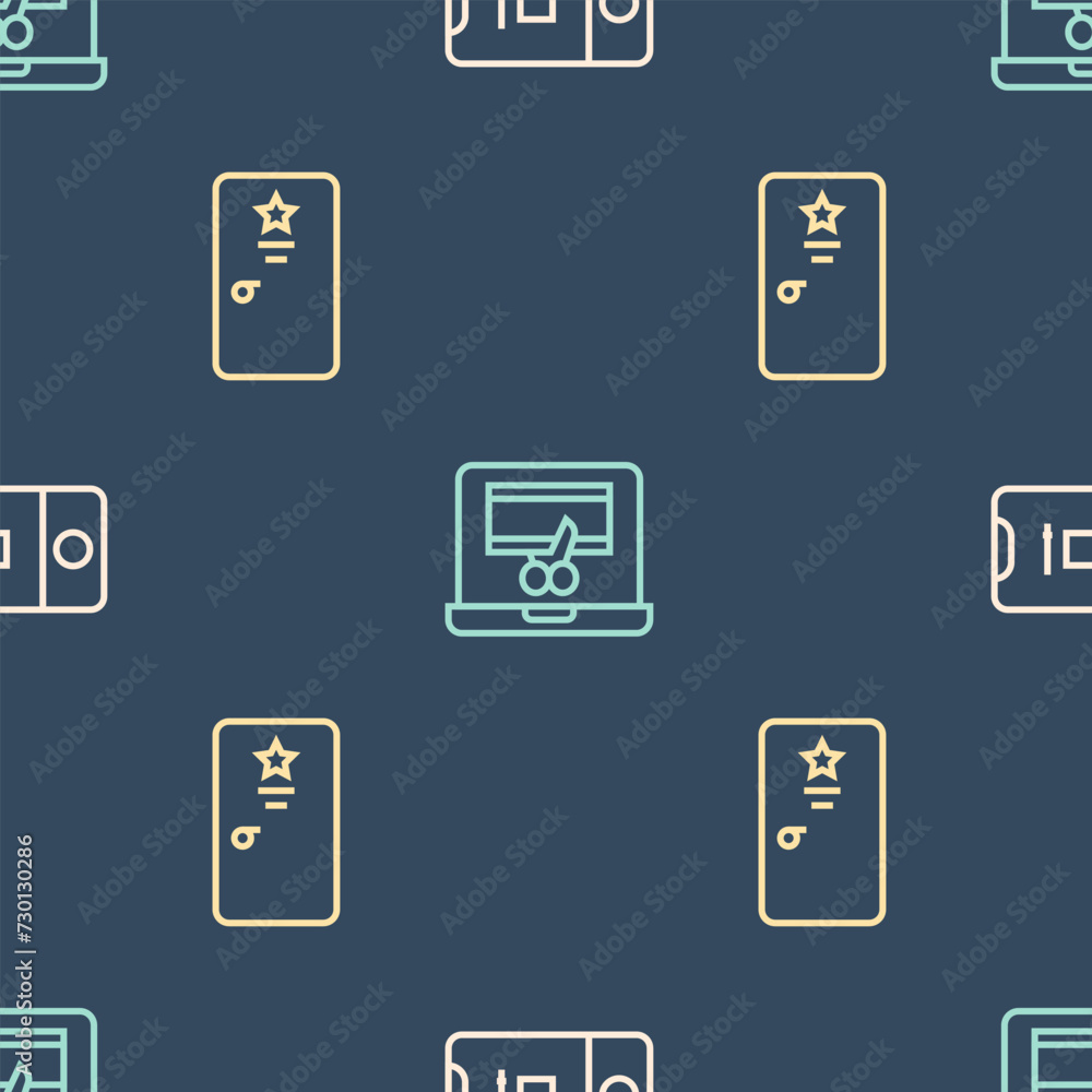 Poster set line photo and video shooting, backstage and video recorder on laptop on seamless pattern. vecto