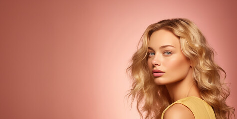 Fashion photo background banner. Beautiful blond woman with wavy hair on the pink background