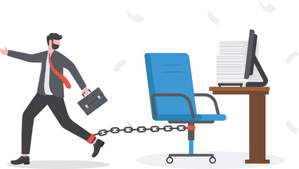 Office job work hard like a slave, overworked with busy and urgent assignment, exhausted or stressful responsibility concept, depressed businessman prisoner found himself chained with working desk.

