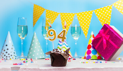 Date of birth for woman or girl with birthday box. Pie with number of candles  94. Anniversary...