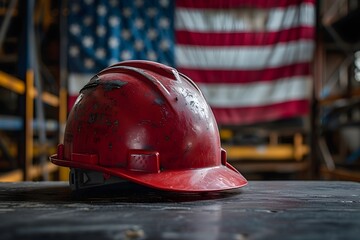 a red hardhat for construction wotk with american flag
