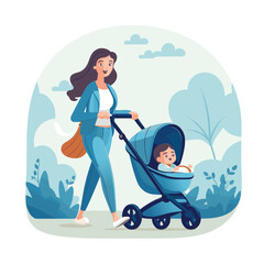 Beautiful young single mom pushing stroller with cute newborn cartoon vector illustration