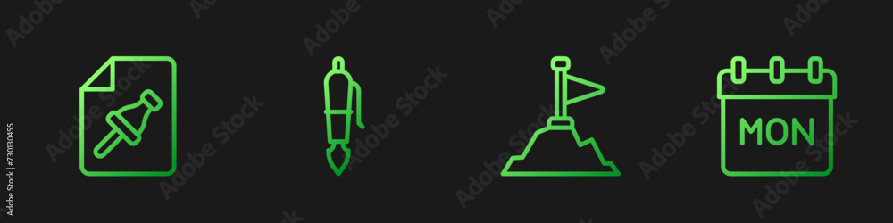 Poster set line mountains with flag on top, note paper push button, fountain pen nib and calendar. gradient