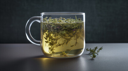 Thyme leaves steeping in hot water for herbal infusion. 