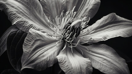 monochromatic images of Clematis, emphasizing the intricate details in black and white.