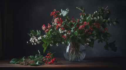 Holly bouquet arranged in a romantic atmosphere. 