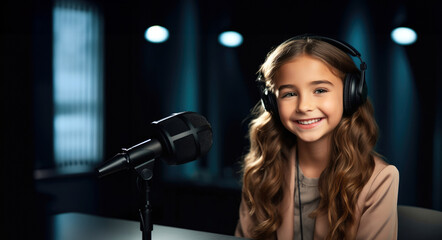 Young girls blogger or video content creator sitting at the table with the microphone in the front, blurred blue background