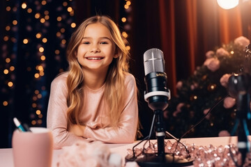 Young girls blogger or video content creator sitting at the table with the microphone in the front, blurred background with lights bokeh