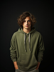 Vertical portrait of young man brown-haired Latino man wearing green hoodie and dark background with copy space. Green hoodie mockup. Clothing template.
